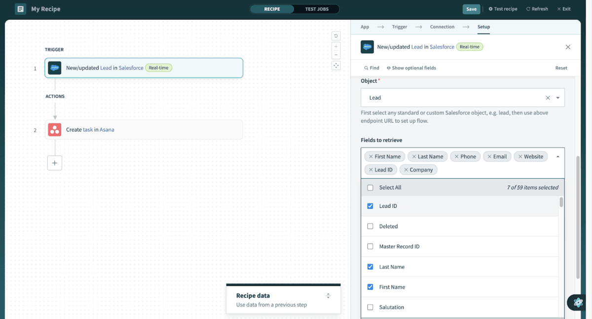 The Workato workflow editor.