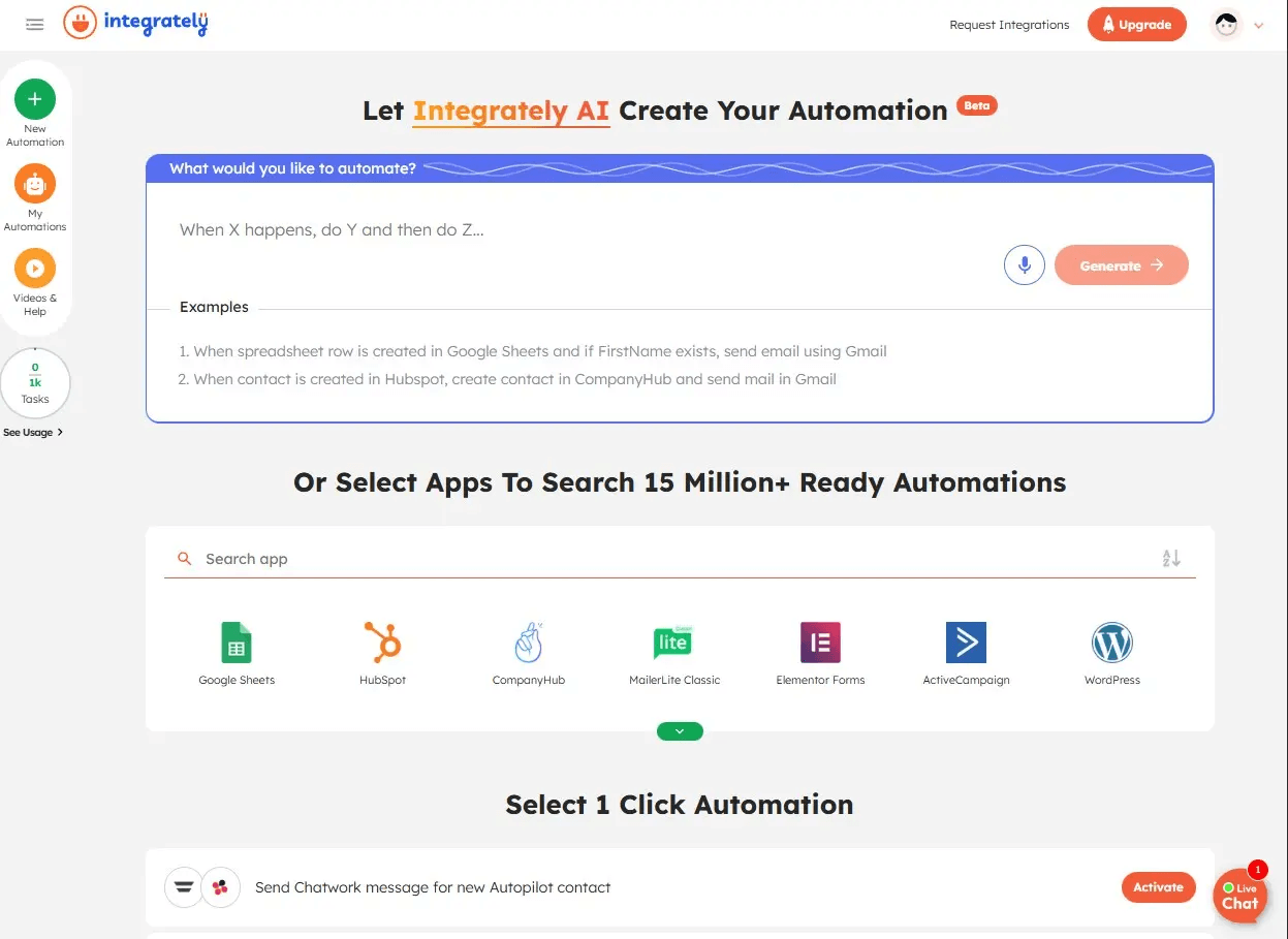 The Integrately automation account dashboard.