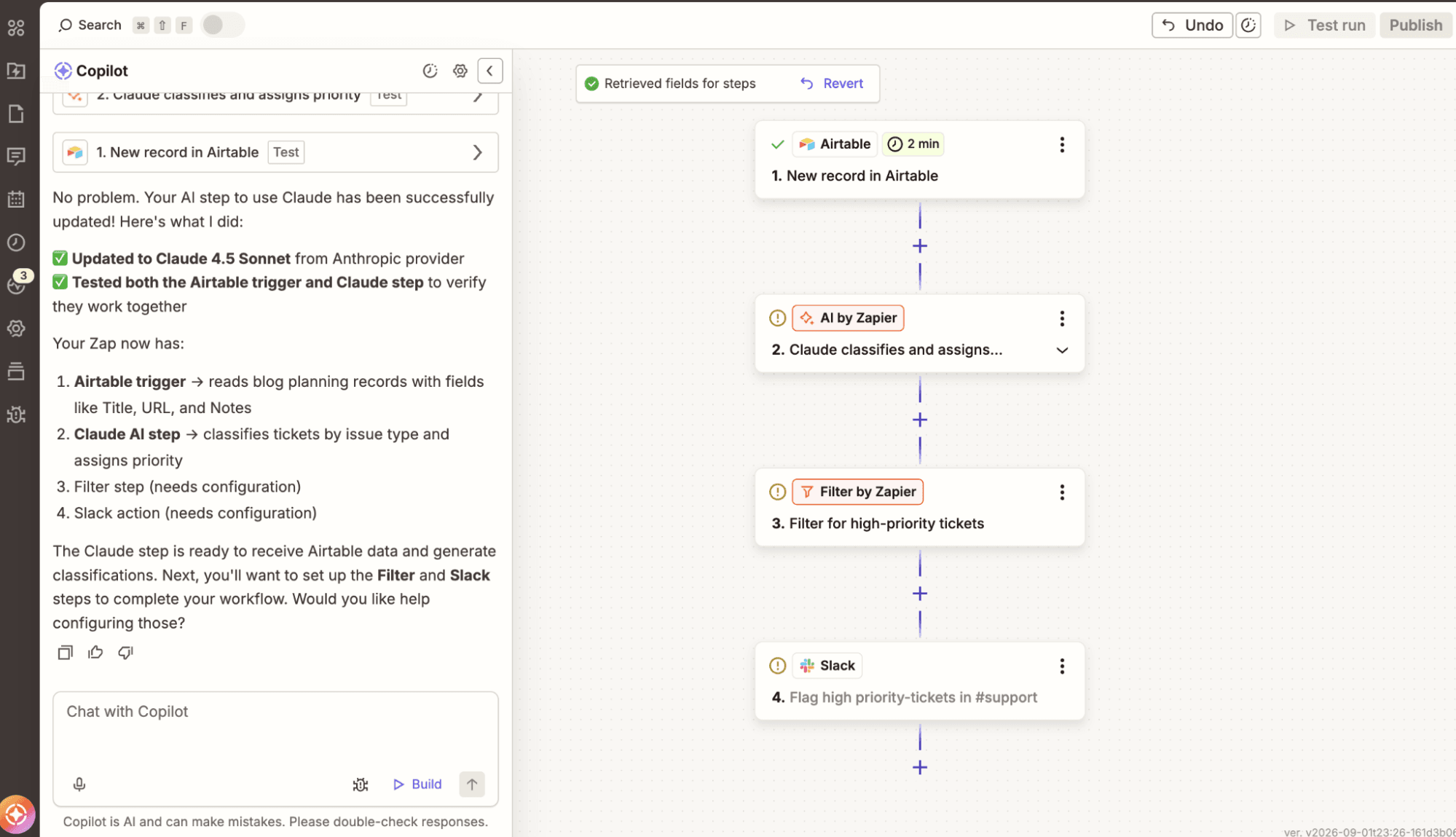 A multi-step in the Zap editor with a Zapier Copilot window open on the left-hand side helping the user build.
