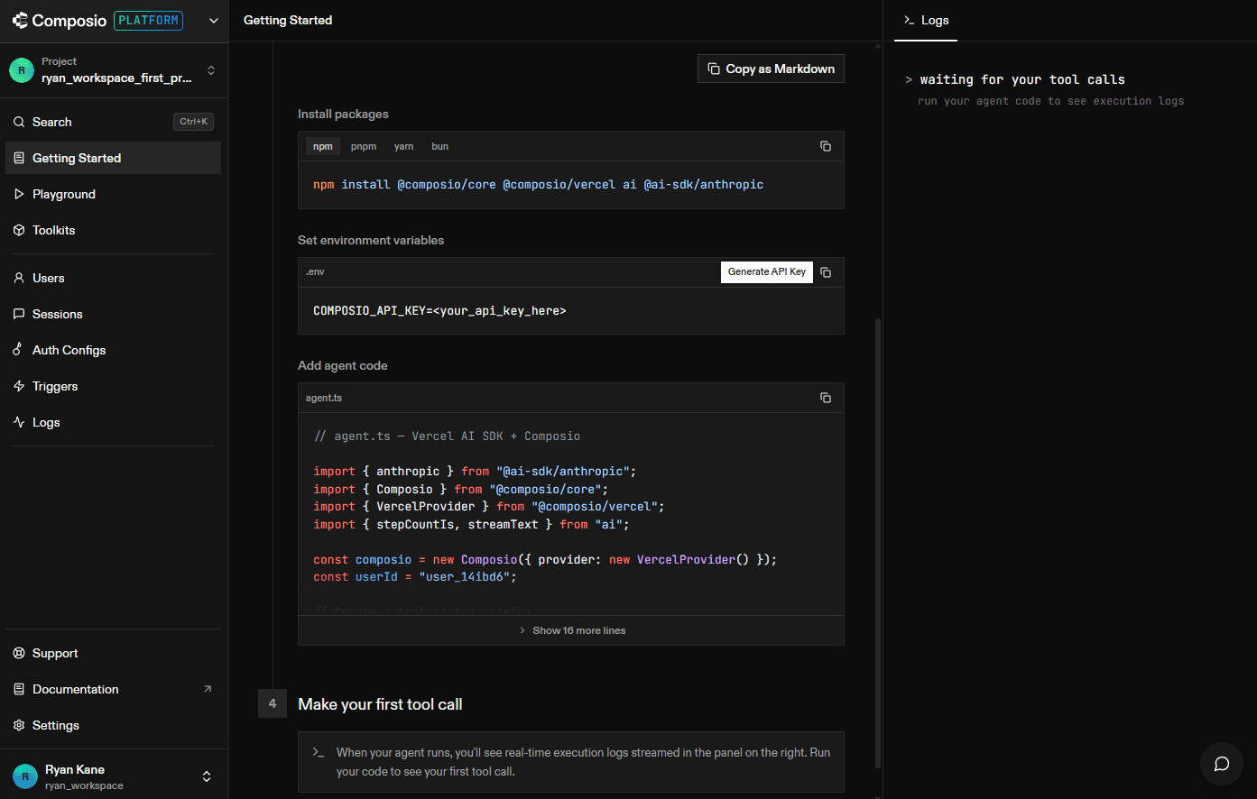 Composio's developer platform.