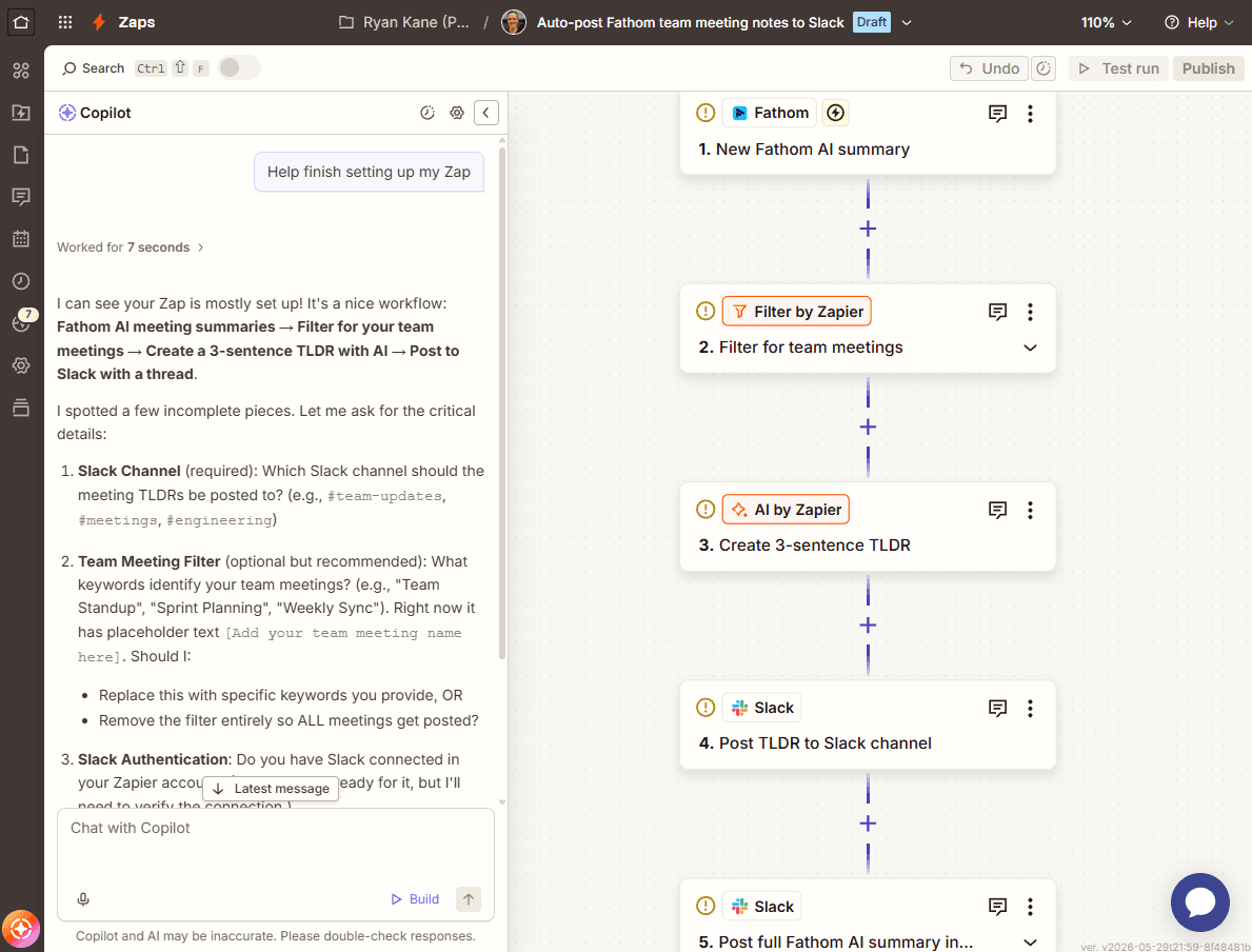 A multi-step Zap in the Zapier editor with a Zapier Copilot window open on the left-hand side.
