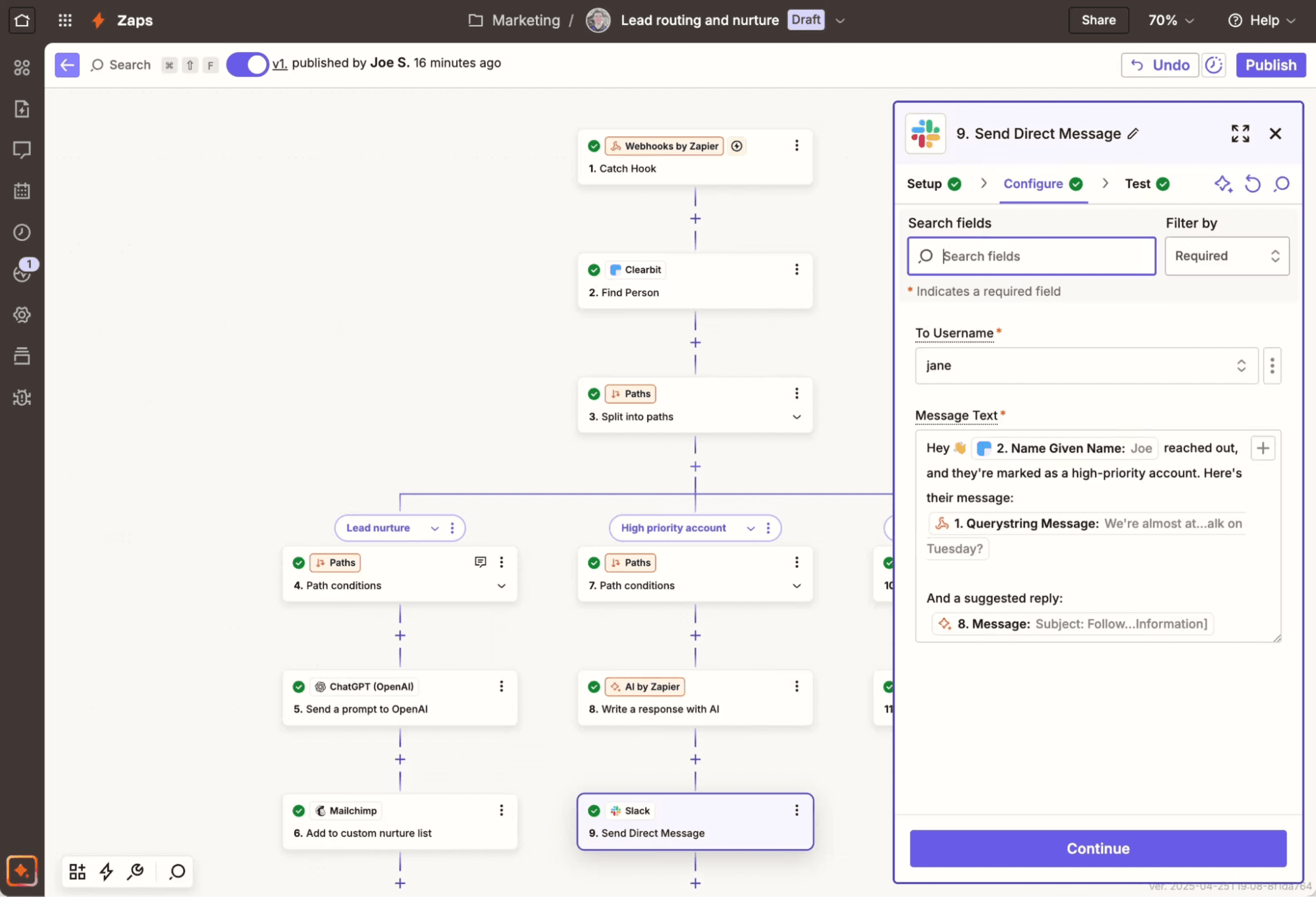 A multi-step Zap in the Zapier editor with a window open to edit a Slack step.