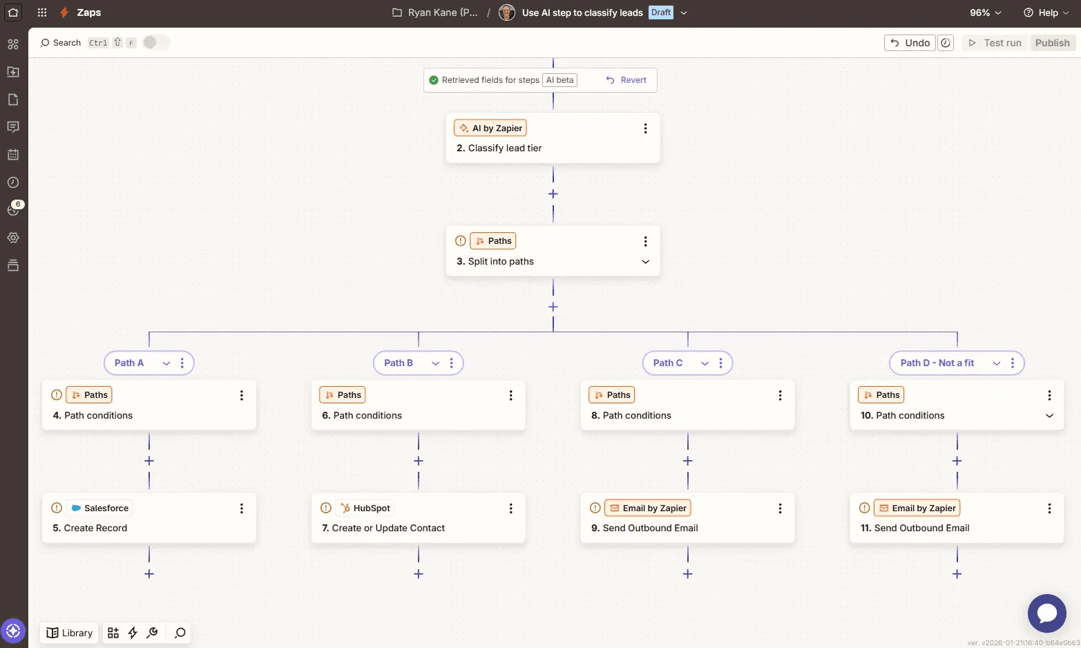 A multi-step Zap in the Zapier editor with four different branching paths.
