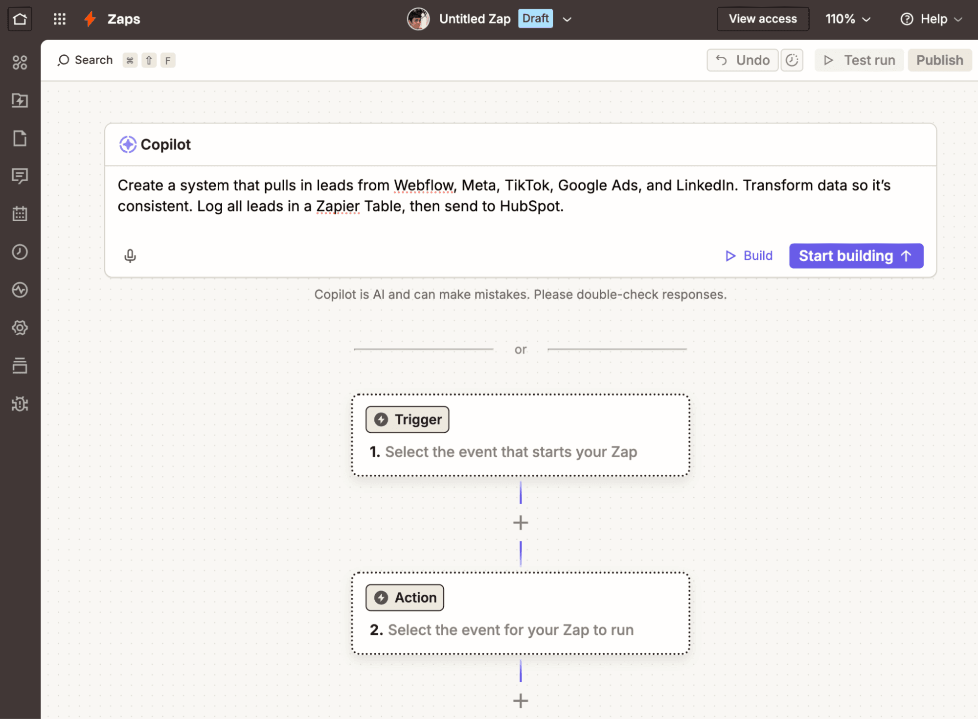 A workflow in the Zap editor that shows a prompt in the Copilot box asking to create a system that pulls in leads from multiple sources, log them in a Zapier table, then send to HubSpot.