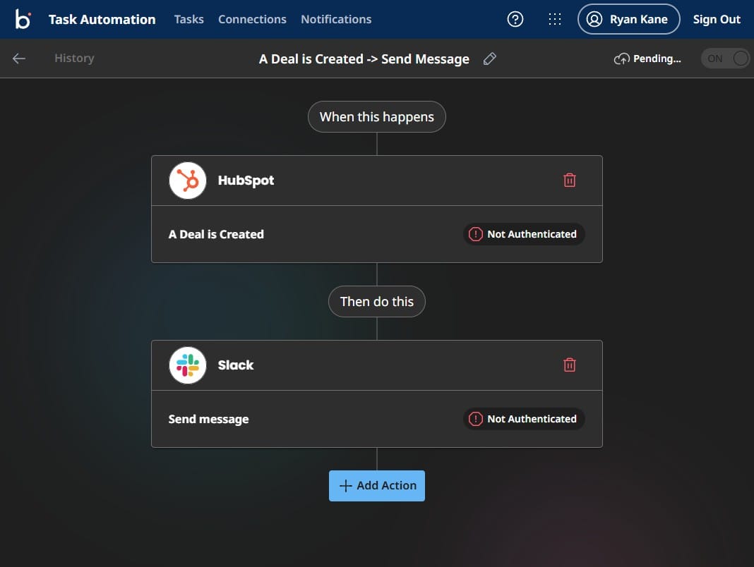 A two-step automated workflow in the Boomi editor.
