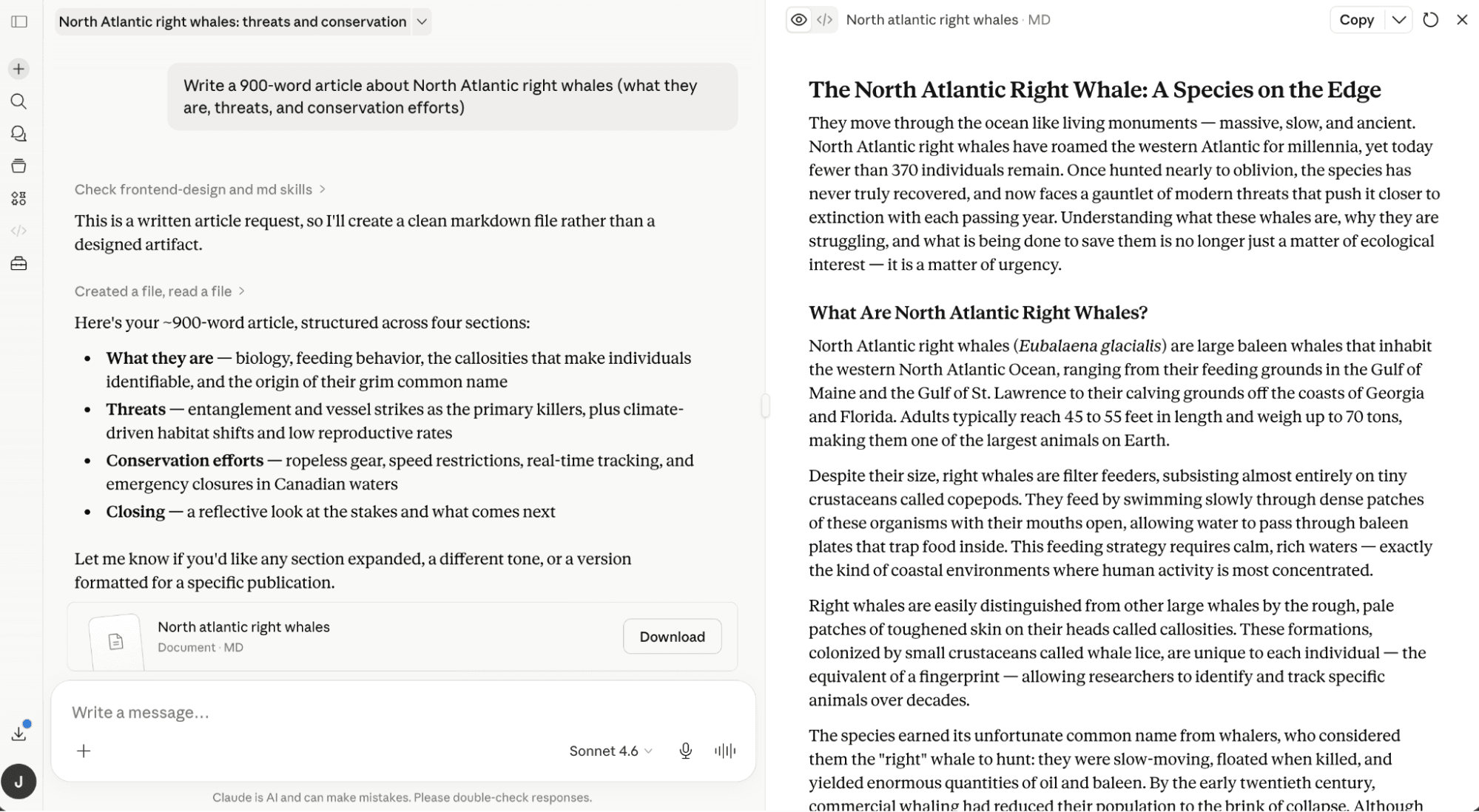 The Claude interface with an article generated by the AI.