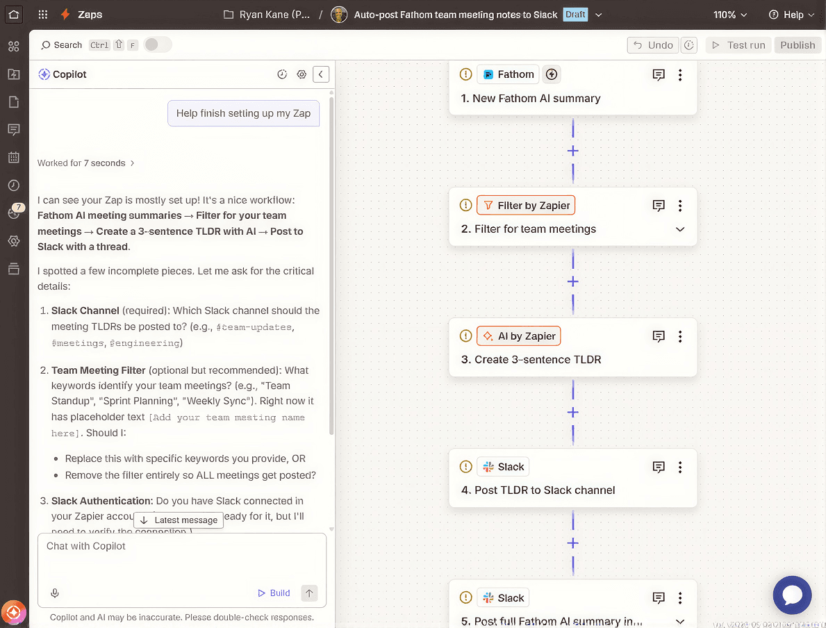 A multi-step Zap in the Zapier editor with a Copilot window on the left-hand side helping the user set up their workflow.