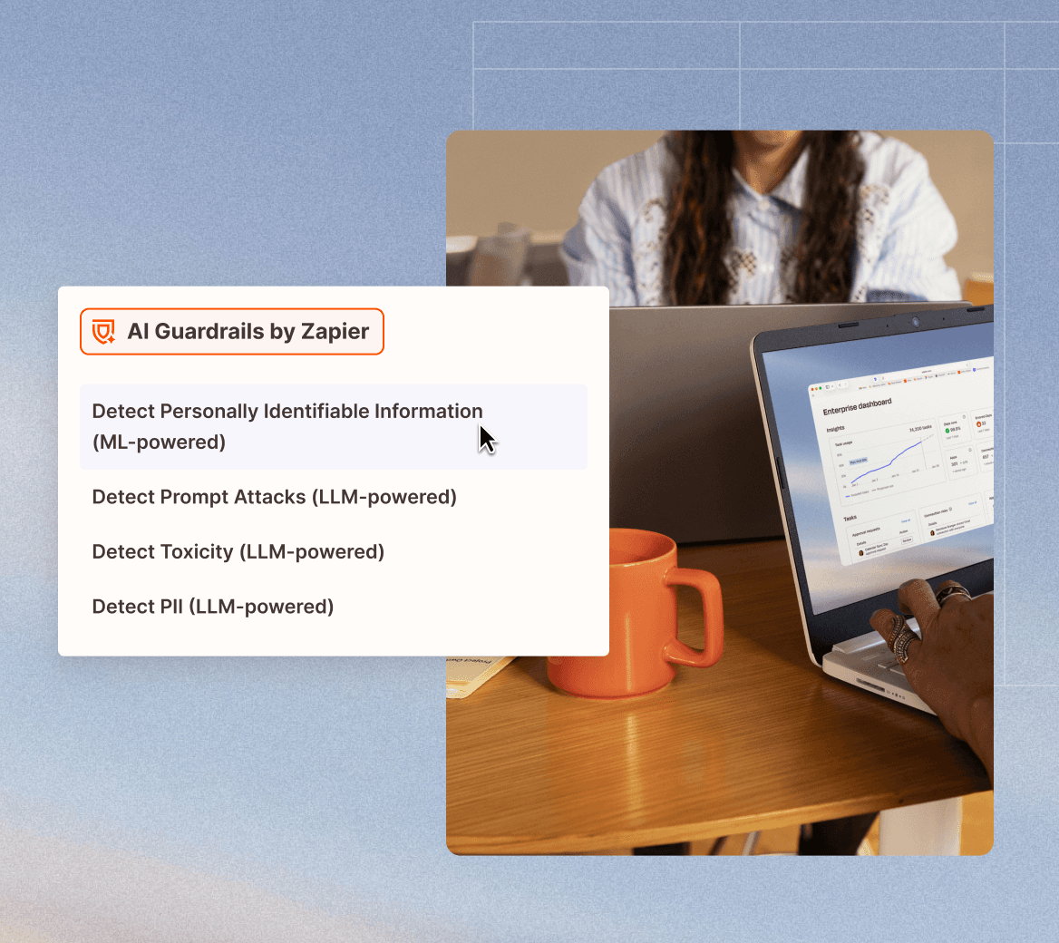 Panel de Zapier AI Guardrails que detecta PII, ataques de prompt y toxicidad en los pasos de IA