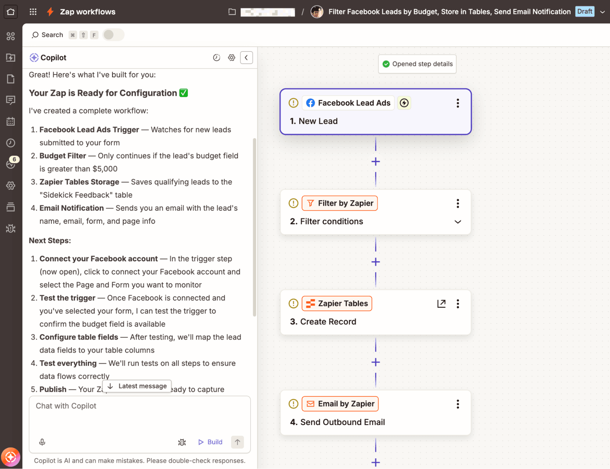 A multi-step Zap in the Zapier editor with a Zapier Copilot window open on the left-hand side.