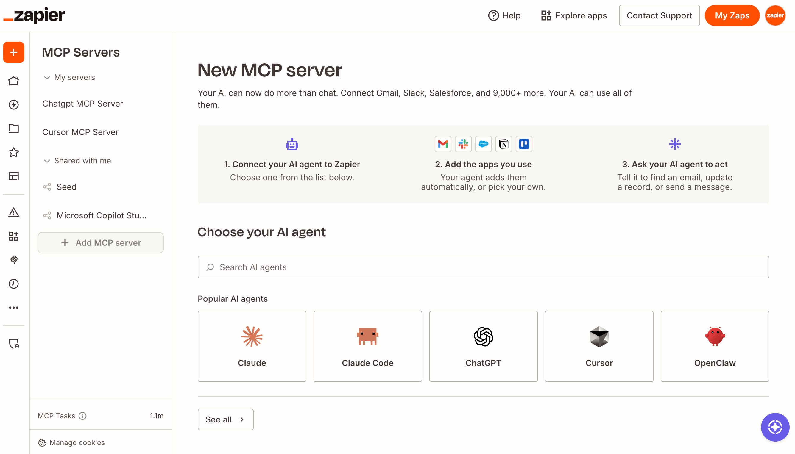 The MCP Servers tab in a Zapier account.