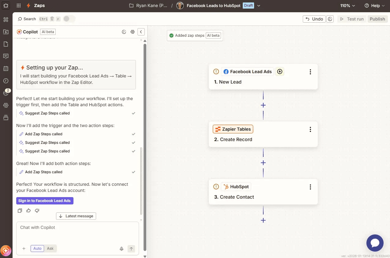 A Zap in the Zapier editor with a Zapier Copilot window open on the left-hand side helping the user build.