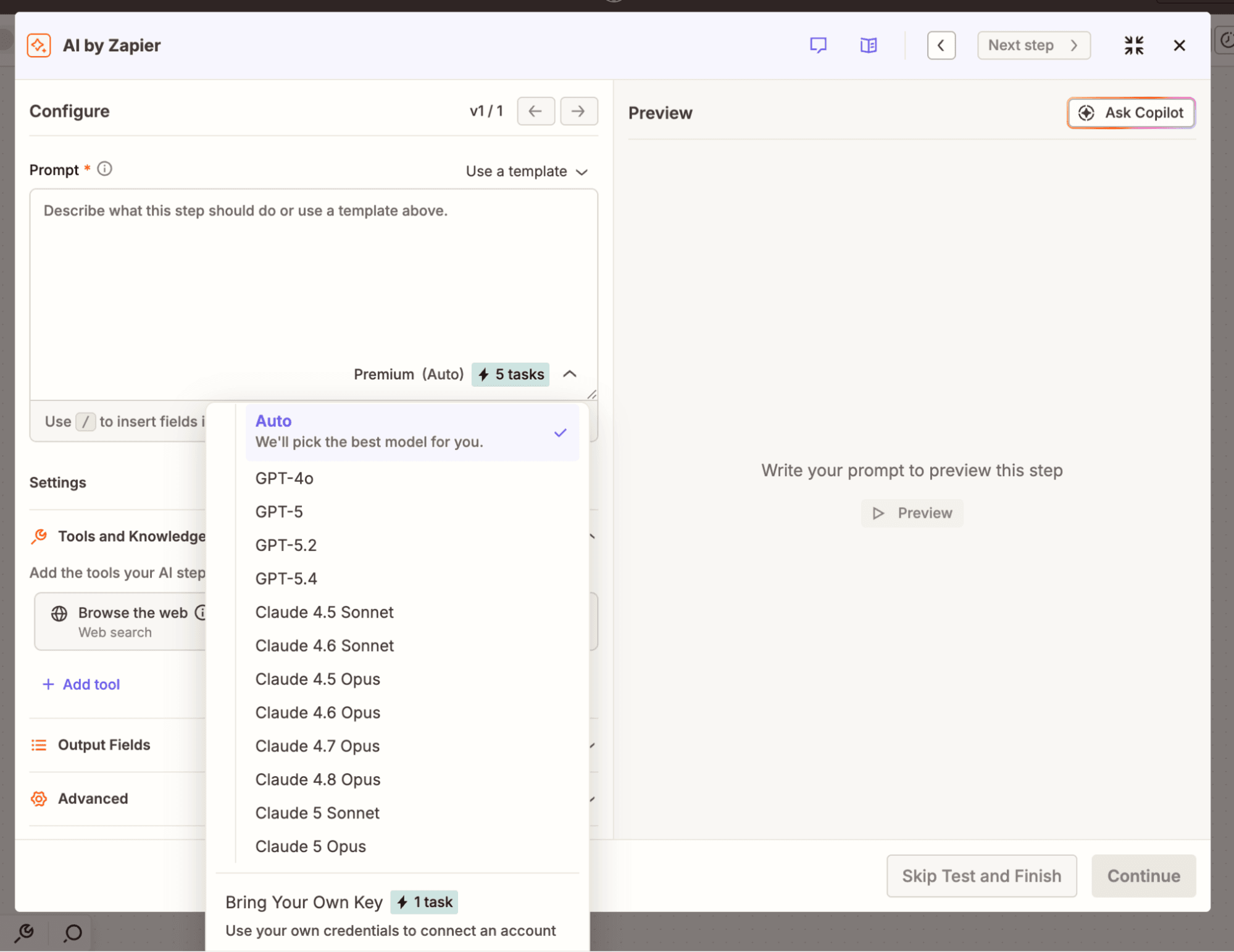 A dropdown in an AI by Zapier step that shows available AI models.