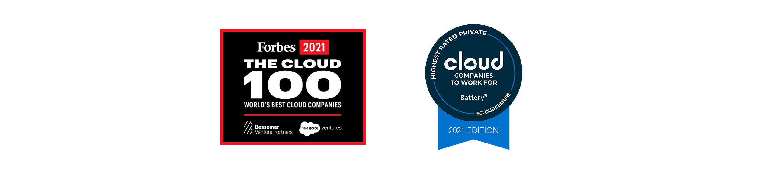 About - Award badges (Forbes Cloud 100, Cloud Culture)