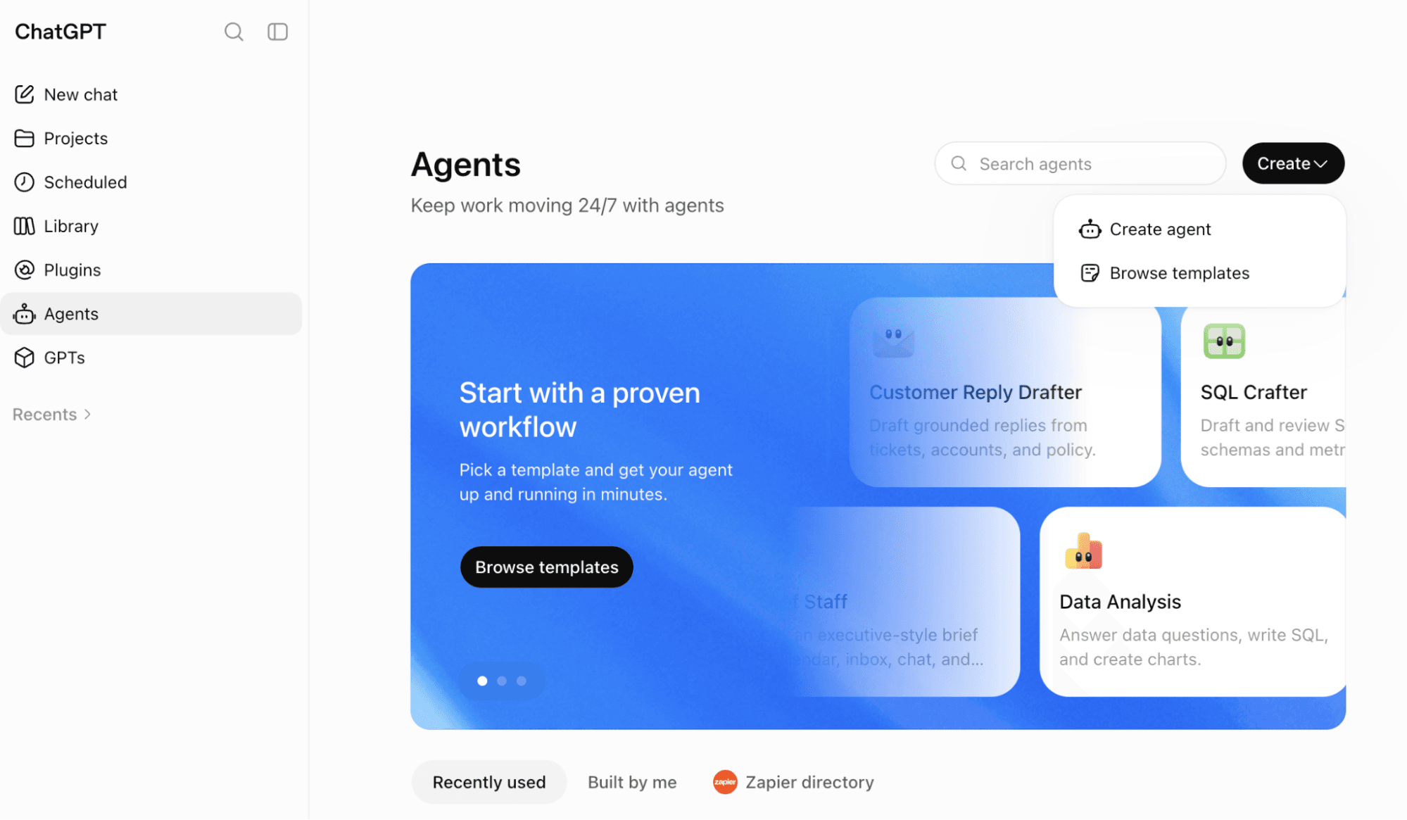 The Agents tab in a ChatGPT interface.