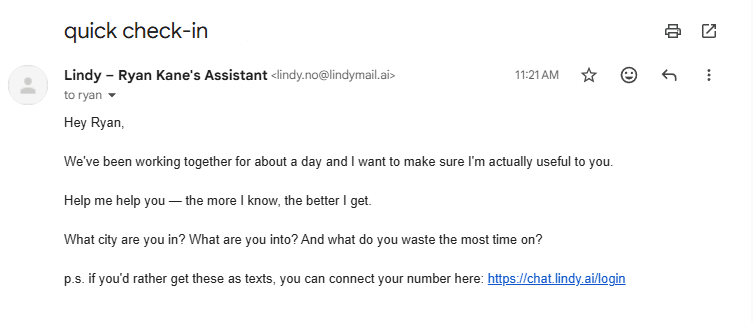 An email message with the subject line "quick check-in".
