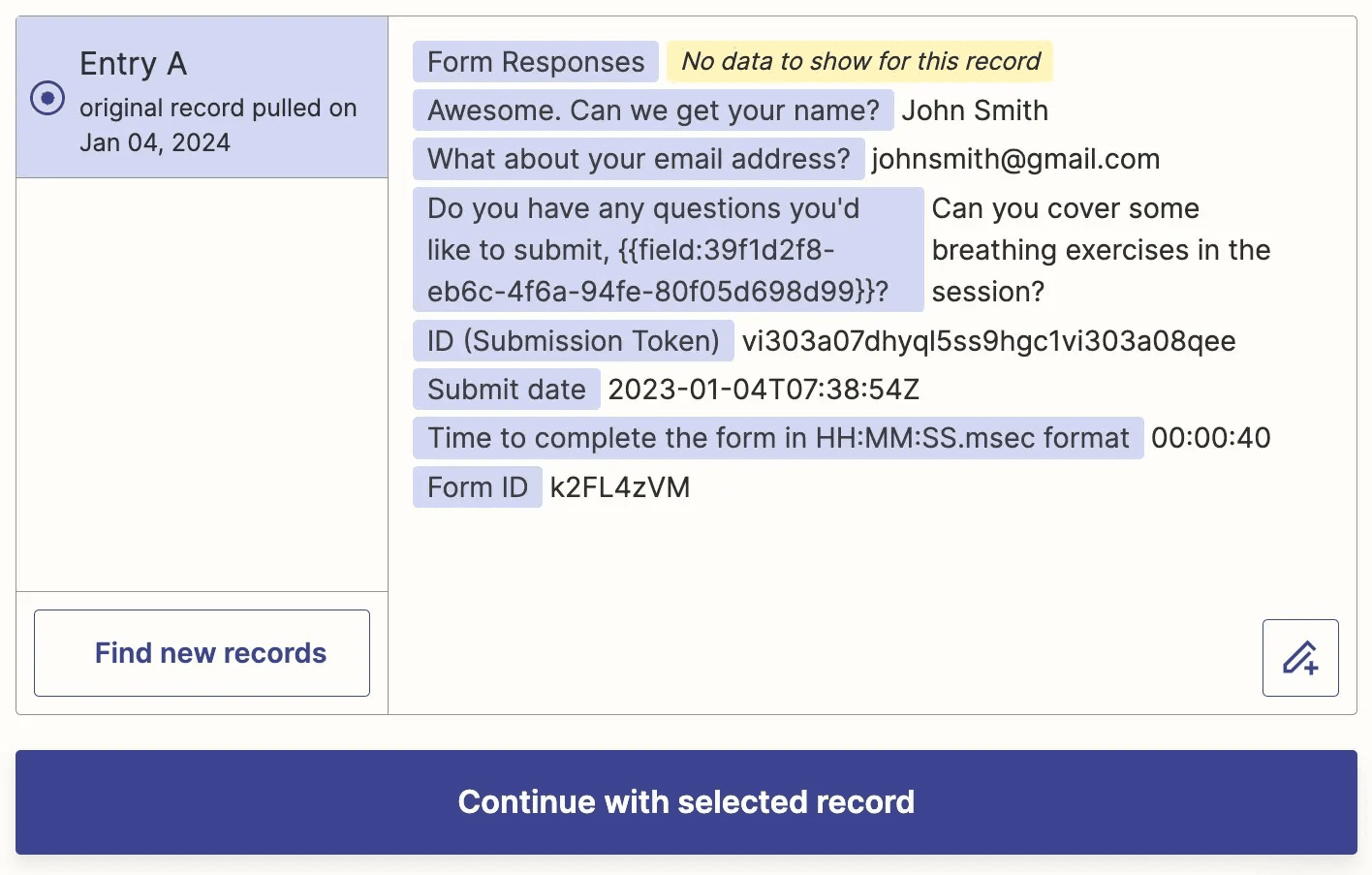 Sample test data in a Zap step in the Zapier editor that shows a form response.