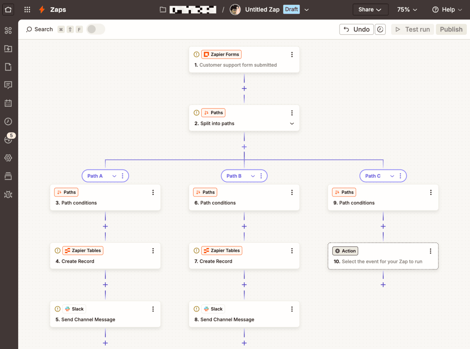A multi-step Zap in the Zap editor that includes three different paths in the automated workflow.