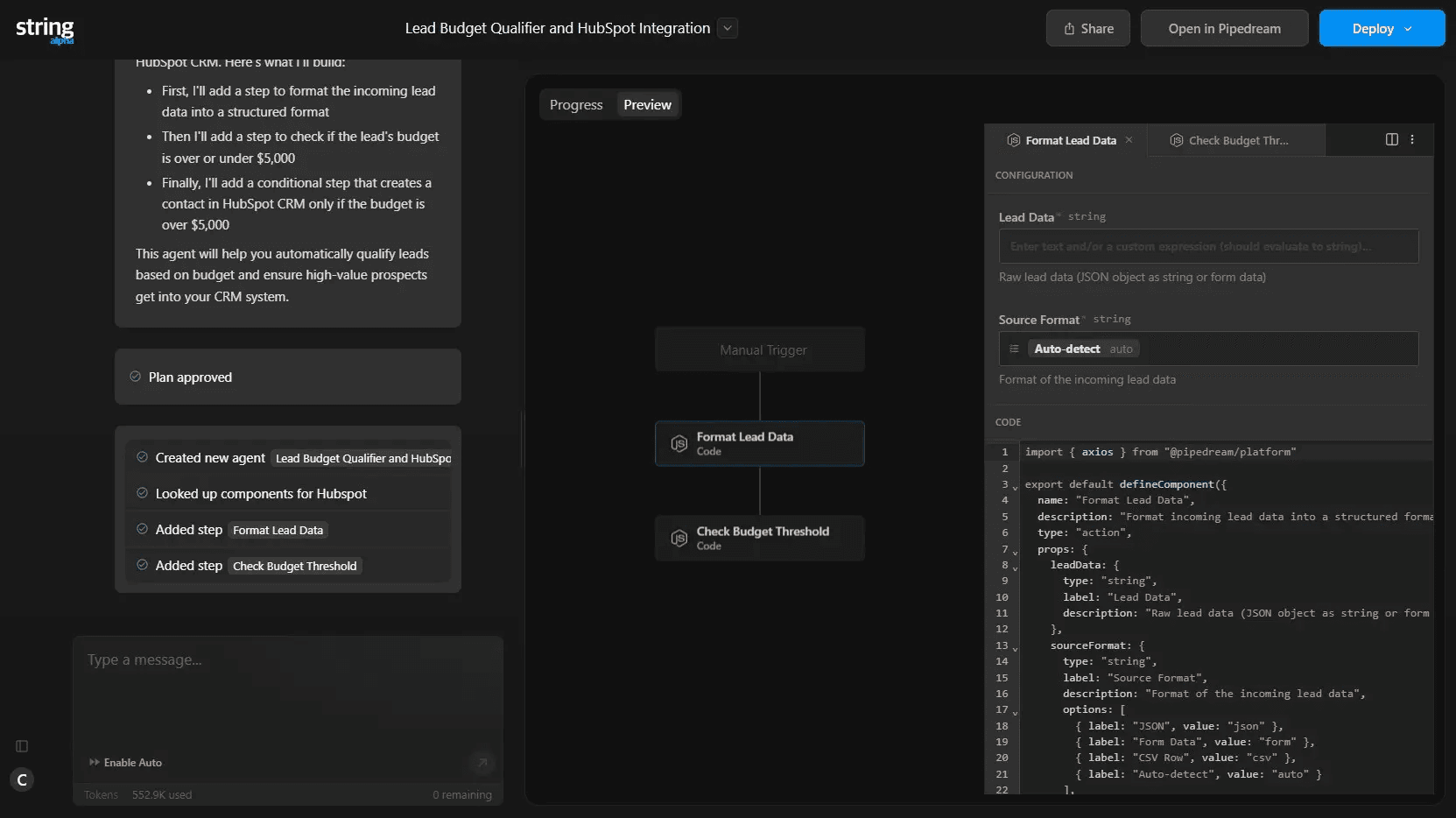 The pipedream workflow builder, which shows a code window on the right-hand side.