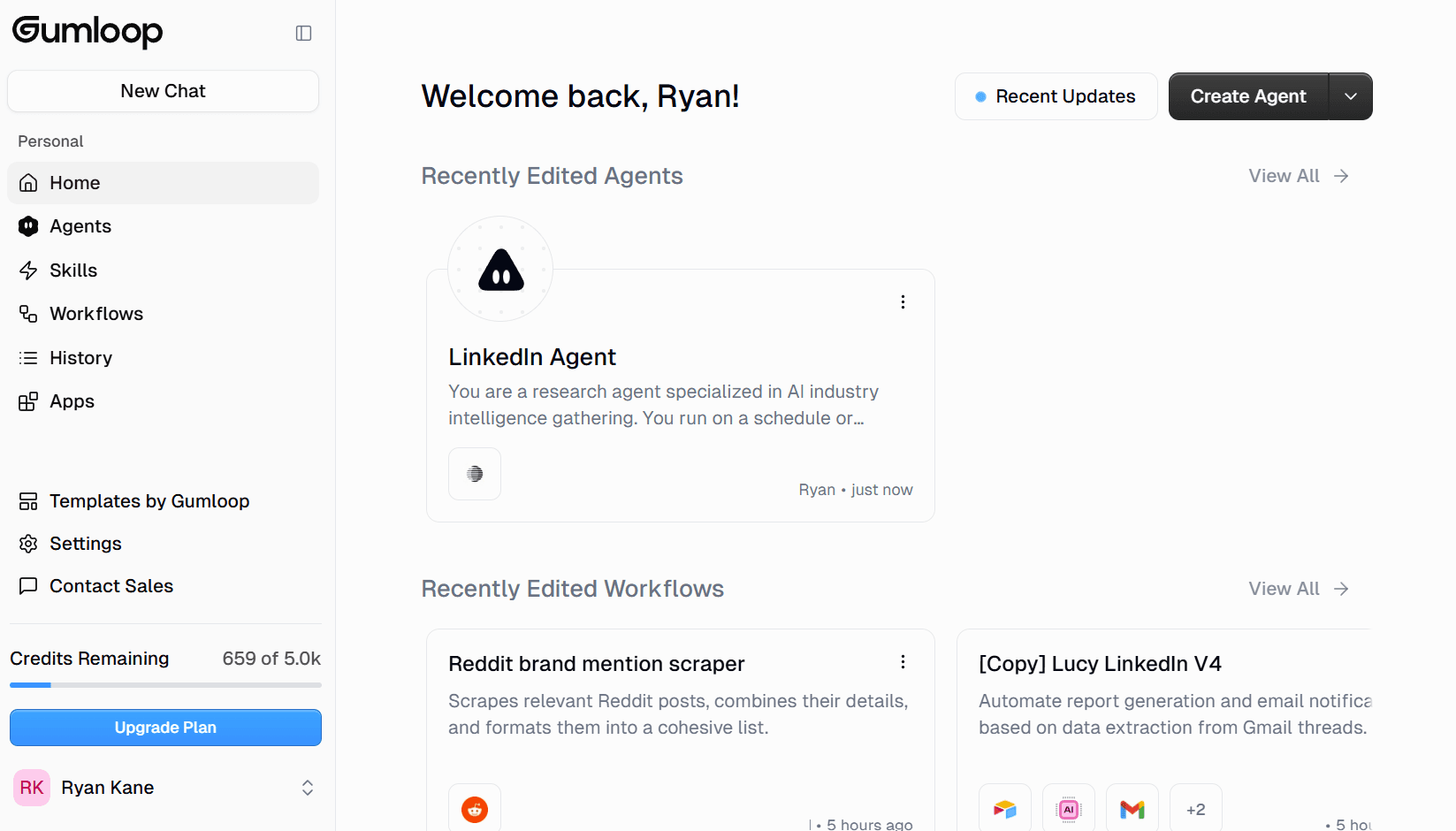 The home tab in Gumloop that shows a list of recently edited agents.