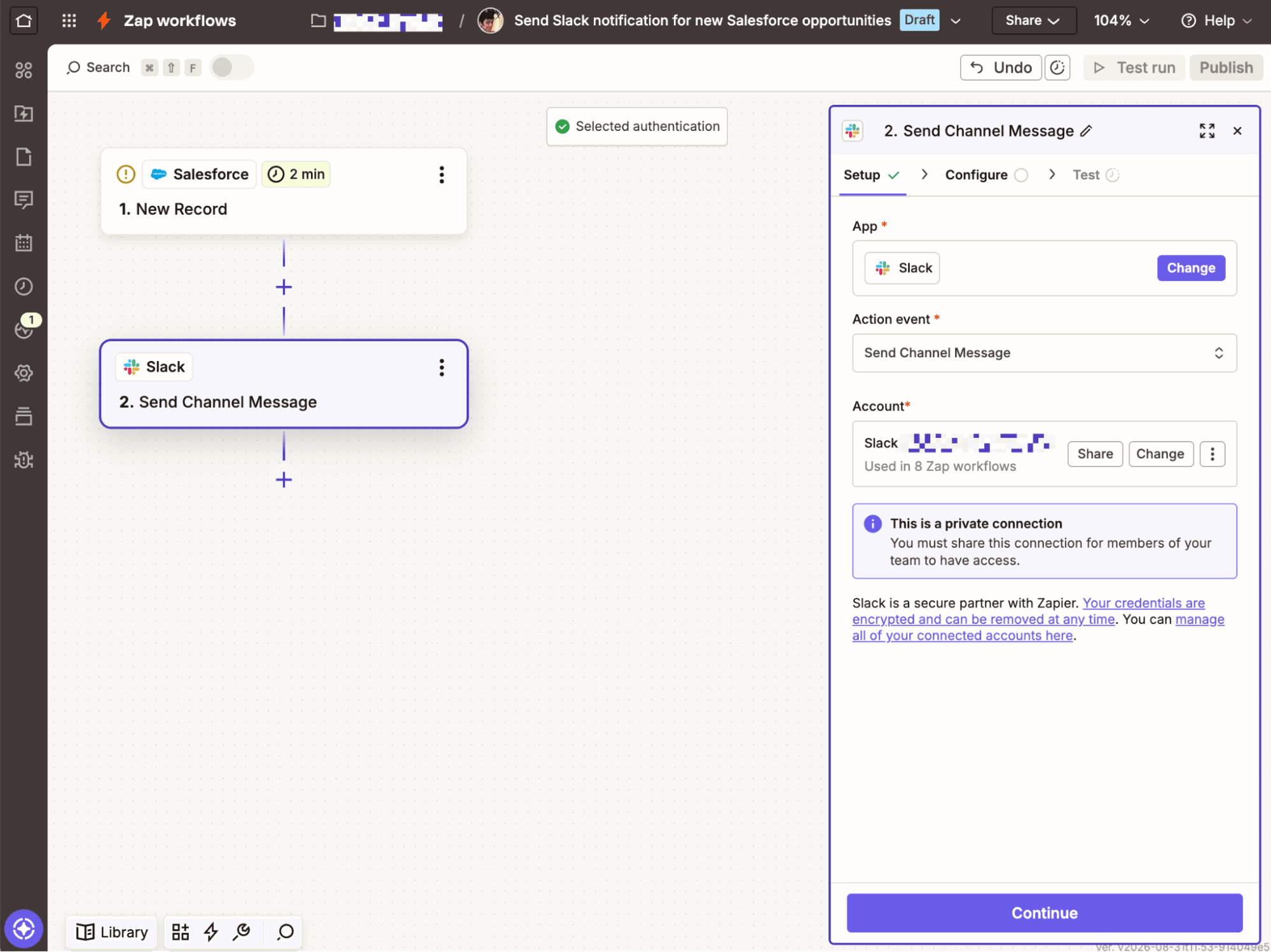 A Zap in the Zapier editor with a Slack step edit window open.