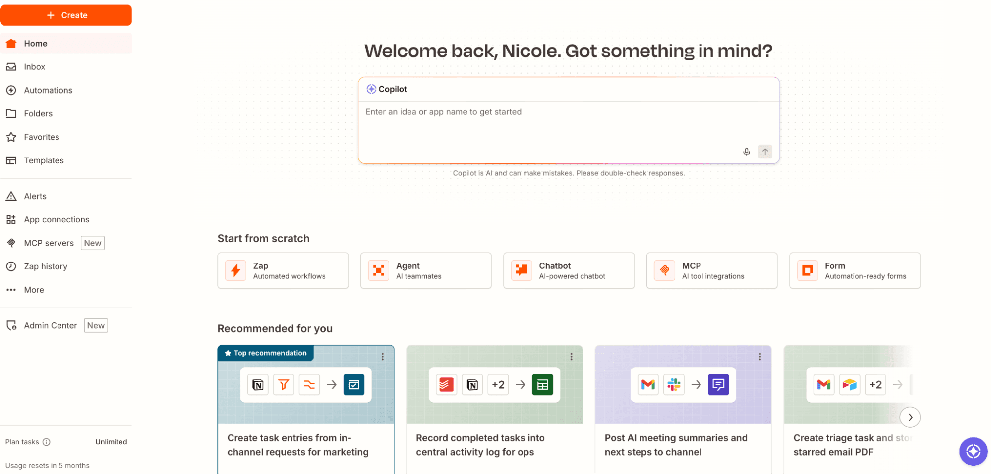 The home page in a Zapier account.
