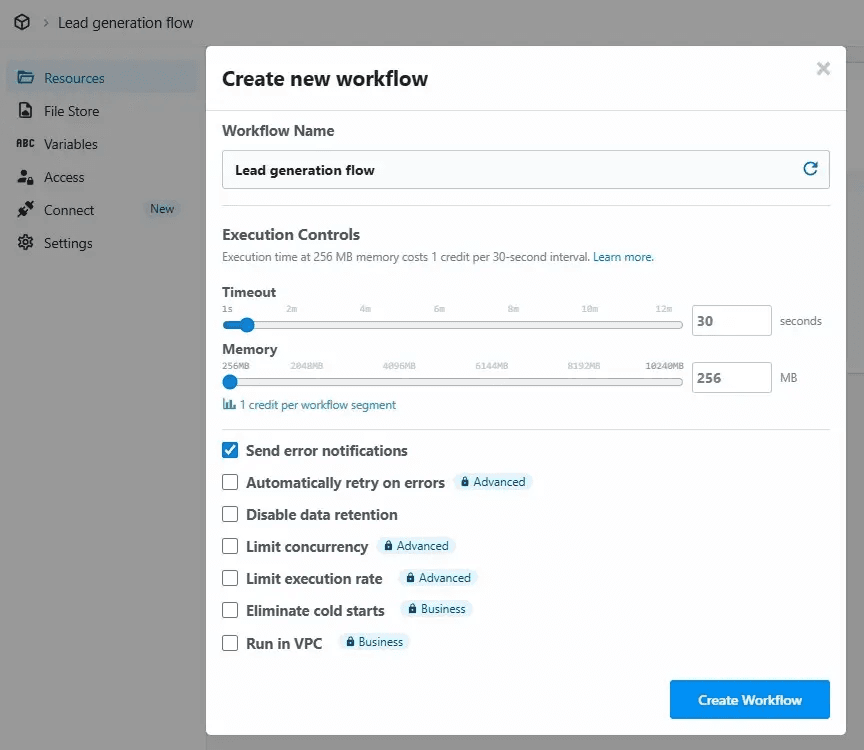 A window to create a new workflow in Pipedream for a lead generation flow.
