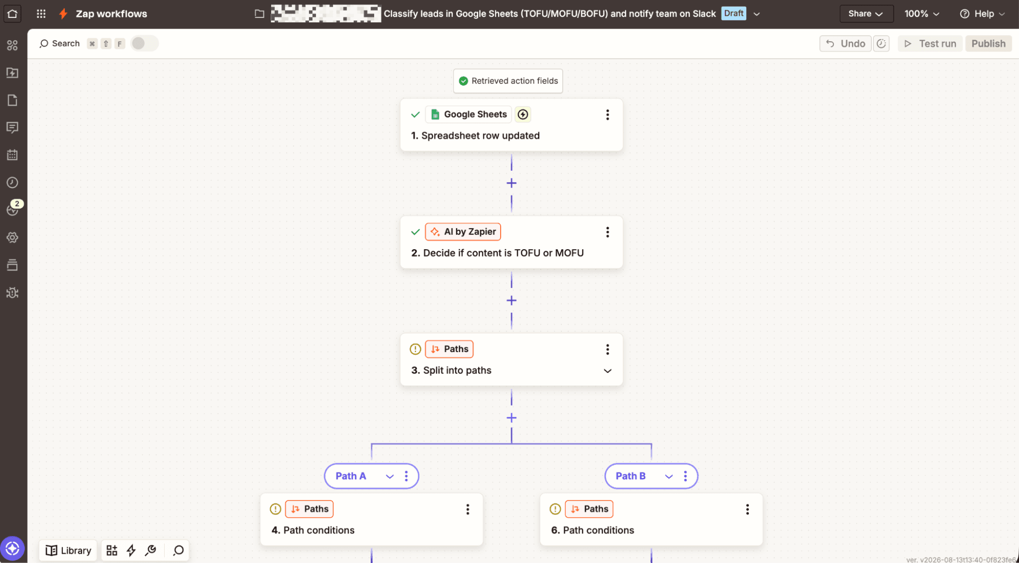 A Zap in the Zapier editor with the steps split into paths.