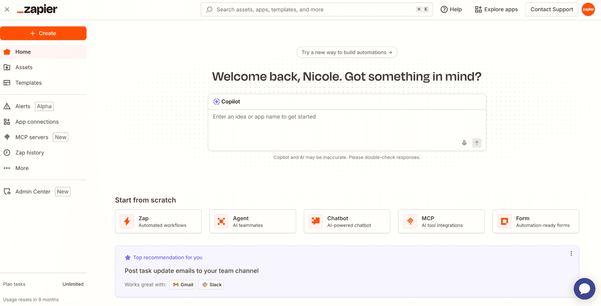 The Zapier account dashboard with a Zapier Copilot window.