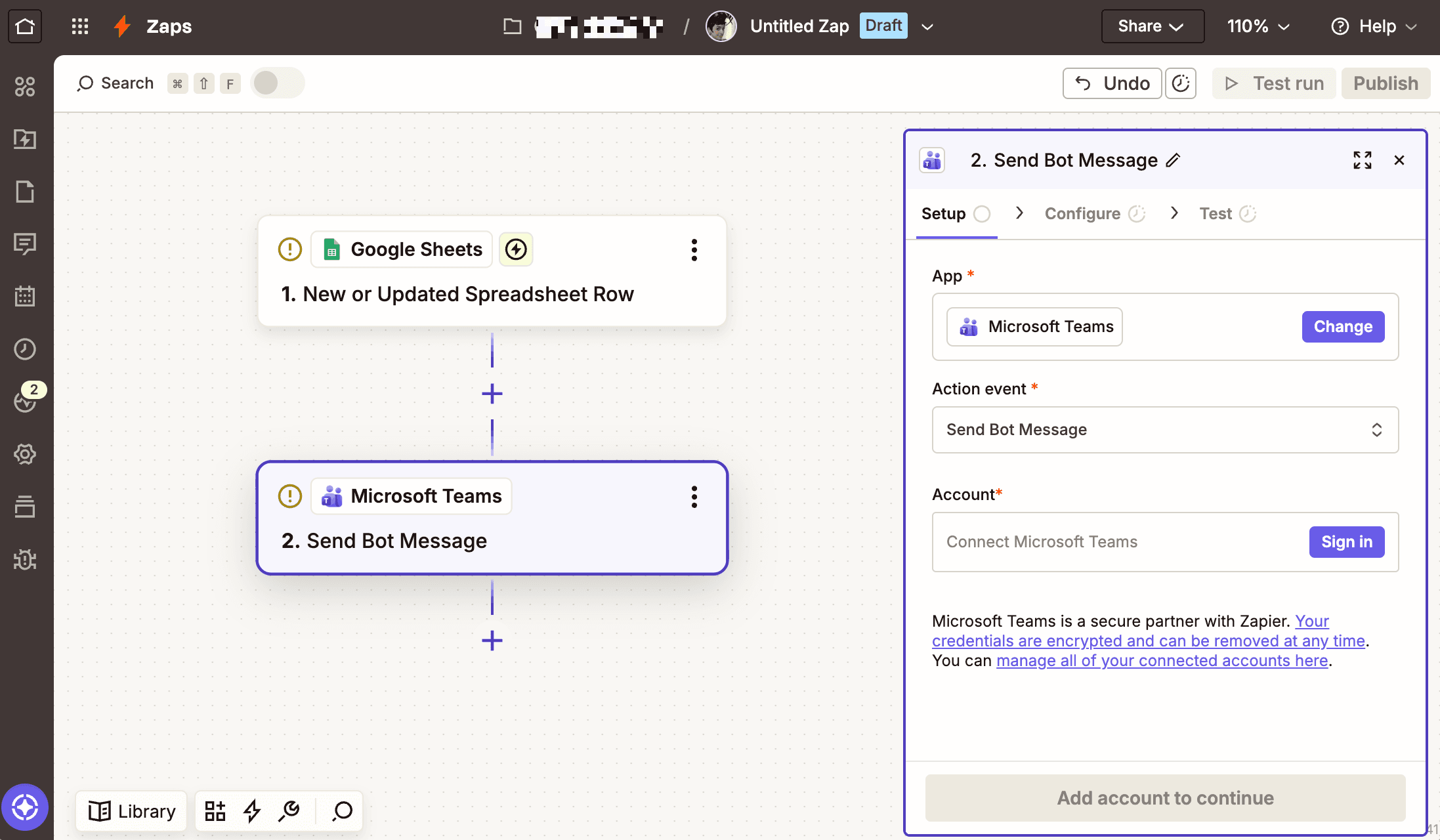A Zap in the Zapier editor with an action step to send a bot message in Microsoft Teams.