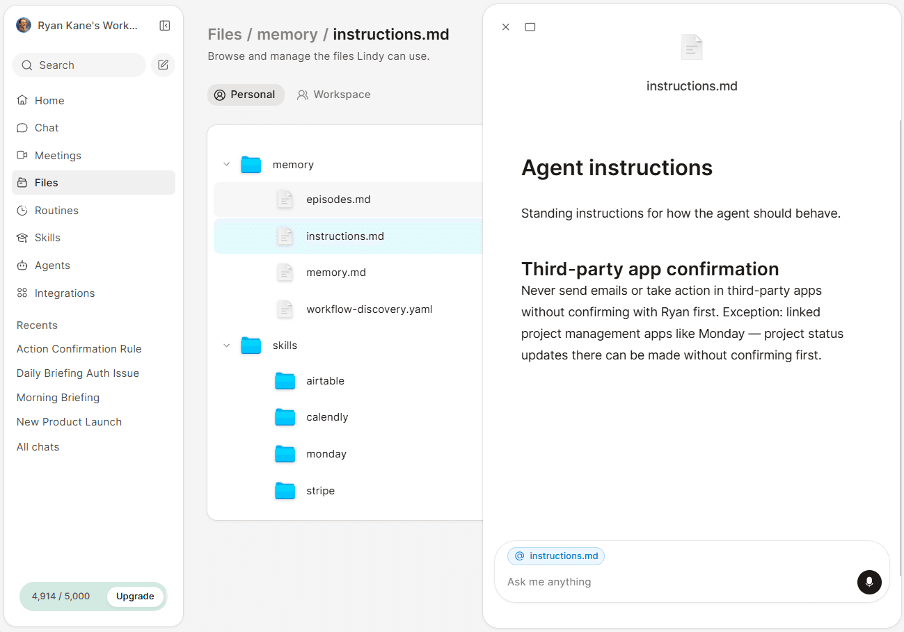 Agent instructions in a memory folder for a Lindy agent.