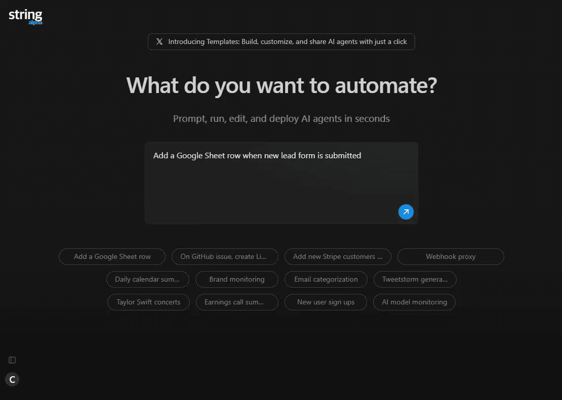 Pipedream's String AI copilot with a request to add a Google Sheet when a new lead form is submitted.