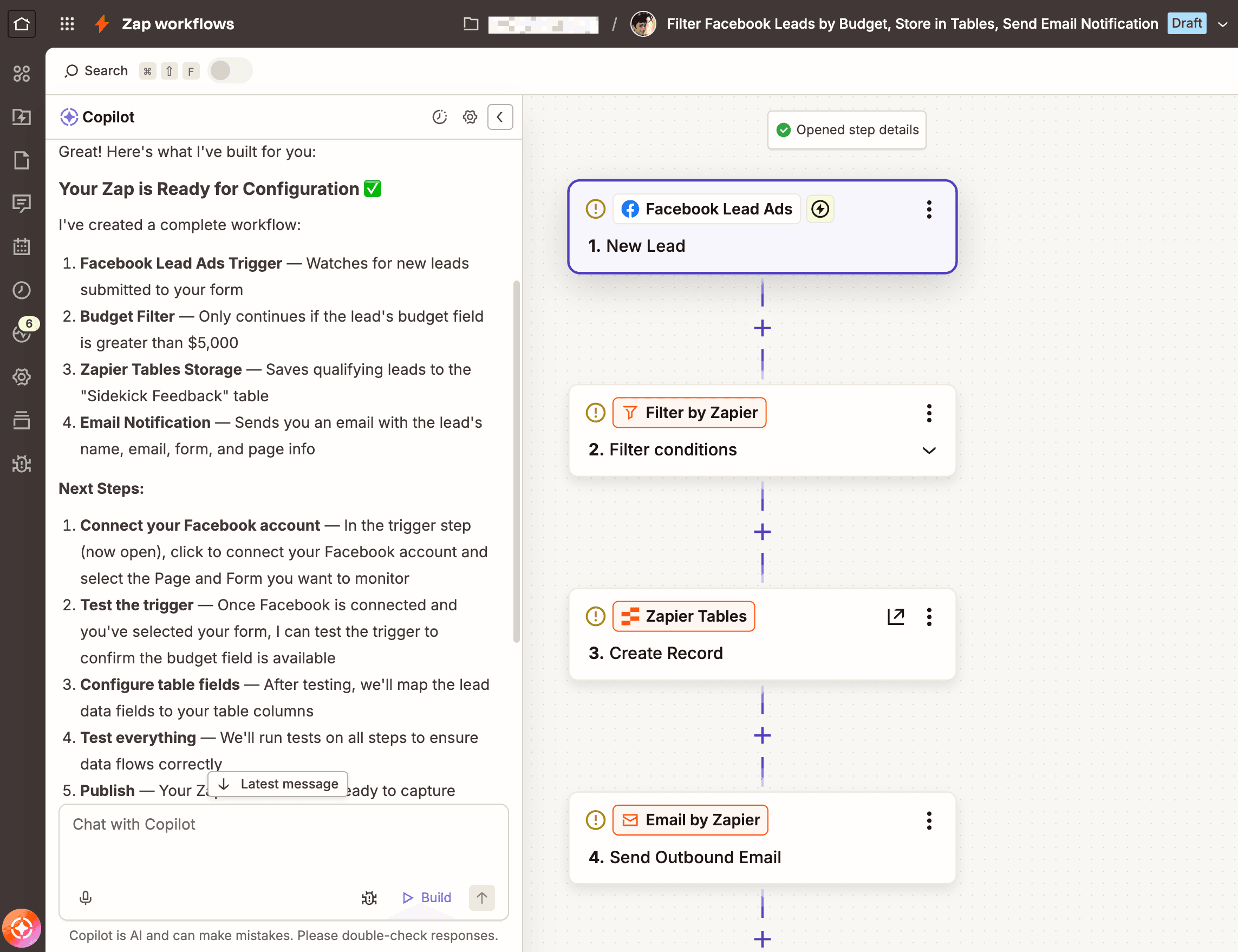 A Zap in the Zap editor with Copilot providing suggestions and helping the user build on the left-hand side.