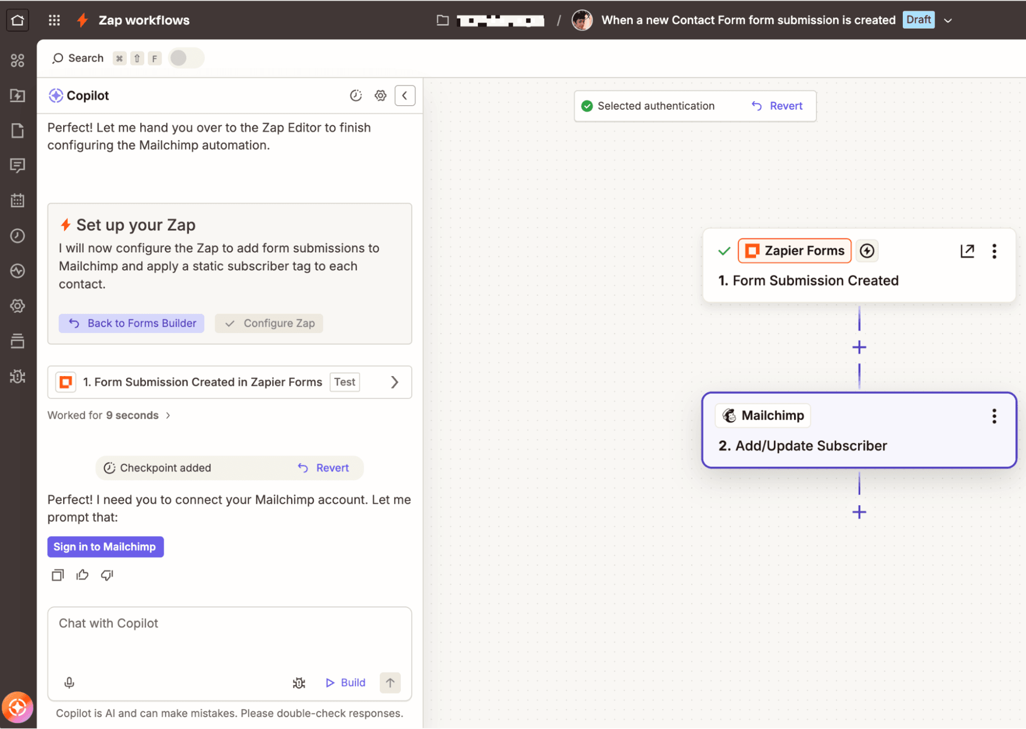 A Zap in the Zapier editor with a Zapier Copilot window open on the left-hand side helping the user build the workflow.