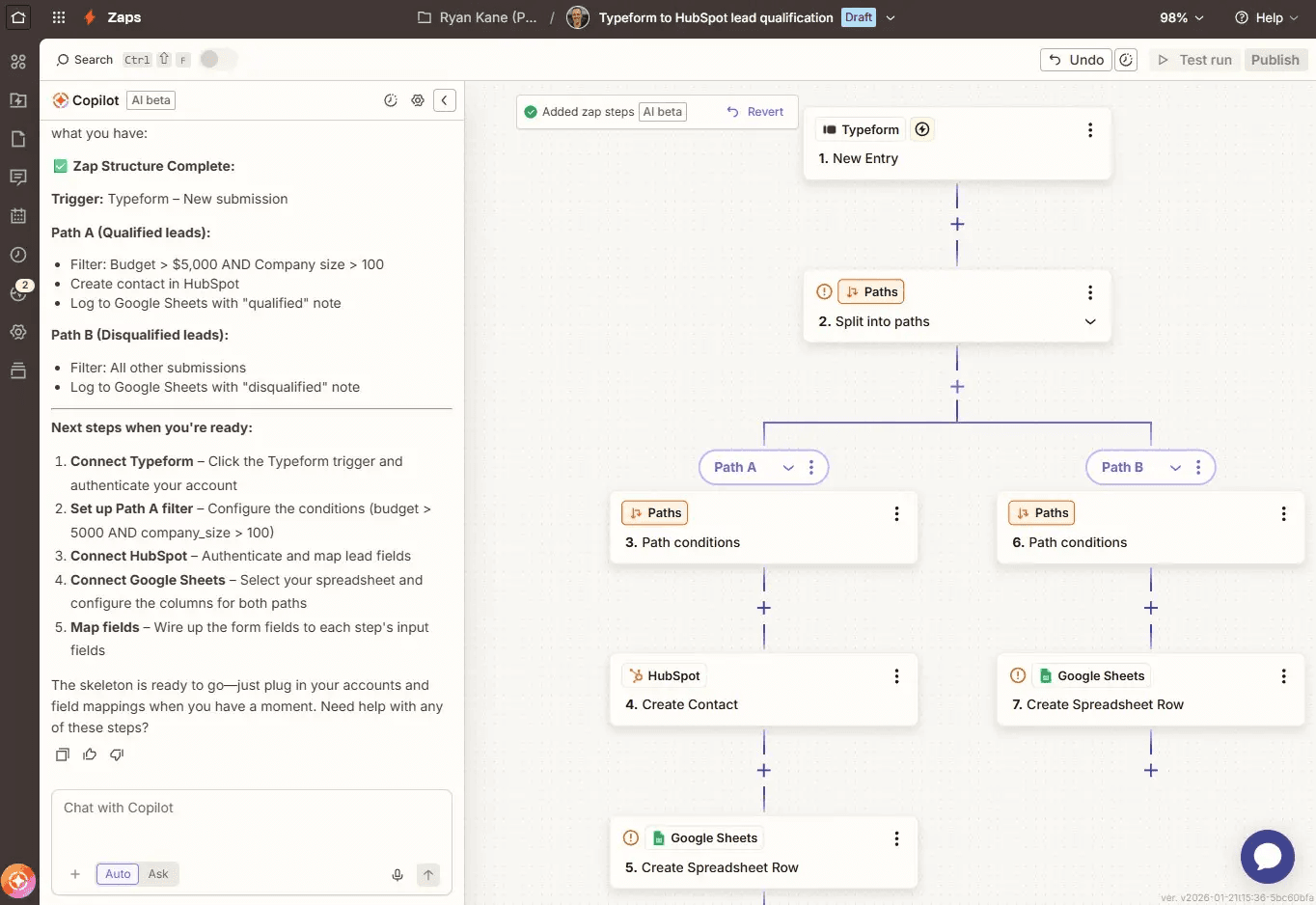 A multi-step Zap in the Zapier editor with a Zapier Copilot window open on the left-hand side helping the user build the workflow.