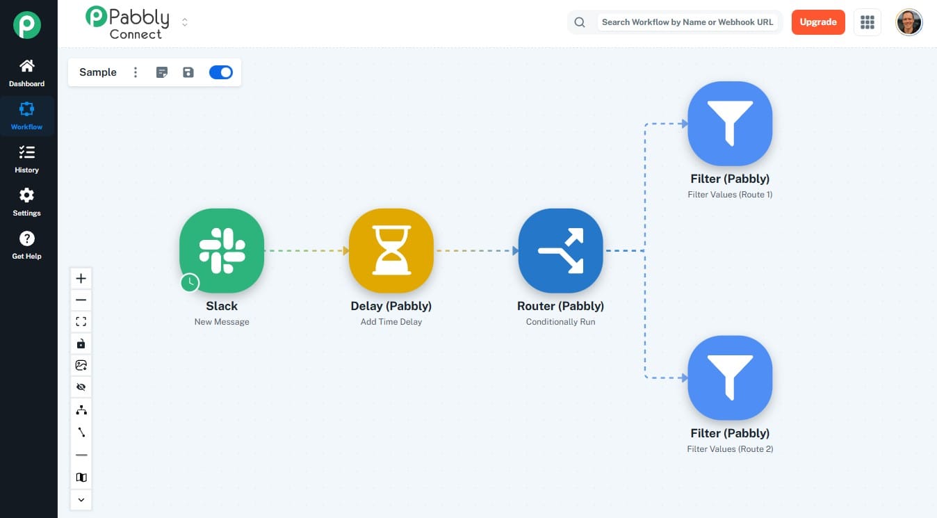 A multi-step automated workflow in Pabbly with a path step.