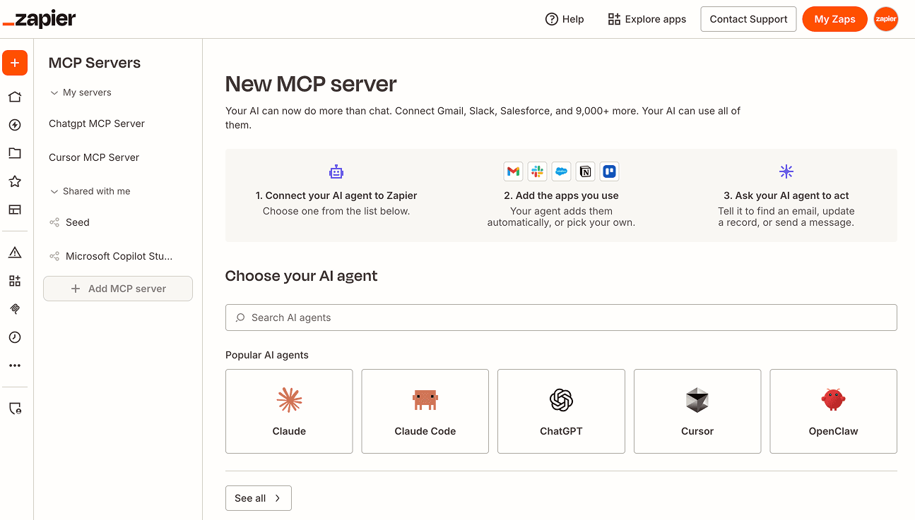 The MCP Servers tab in a Zapier account.