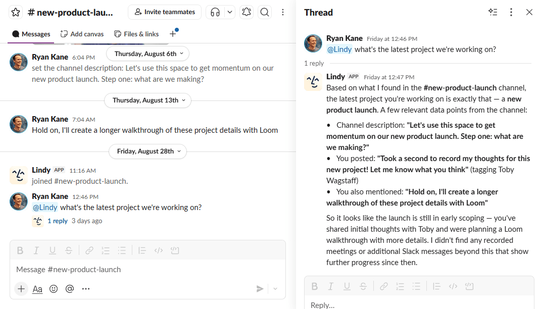 A Slack message tagging in @Lindy.
