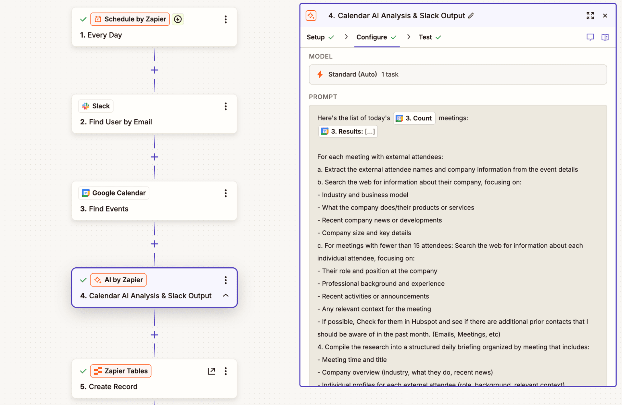 A multi-step Zap in the Zap editor with an AI by Zapier step open.