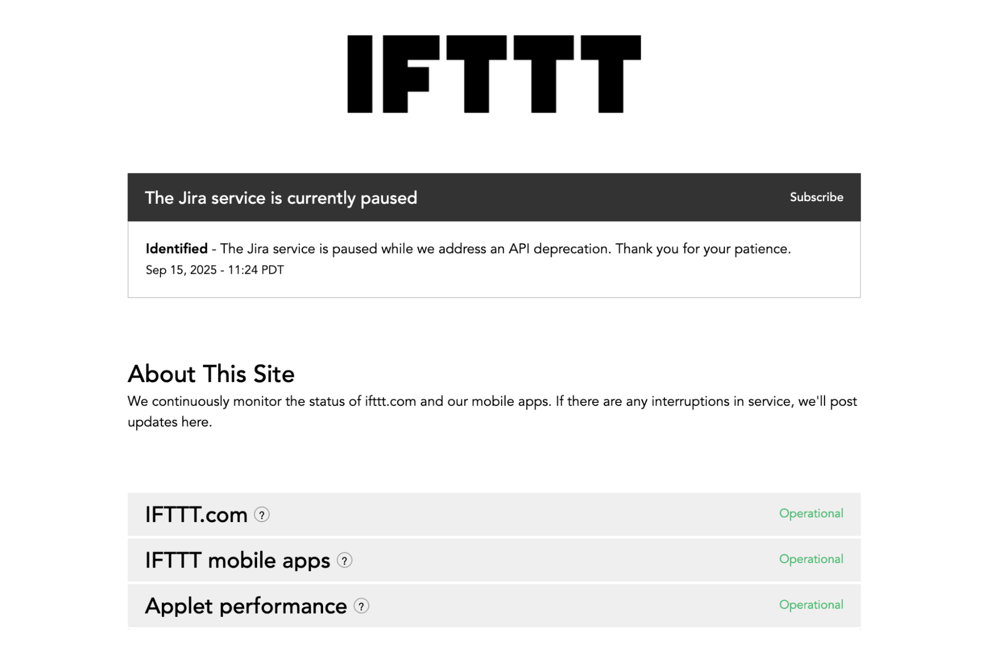 The IFFFT status page with an announcement that Jira service is currently paused from September 2025.