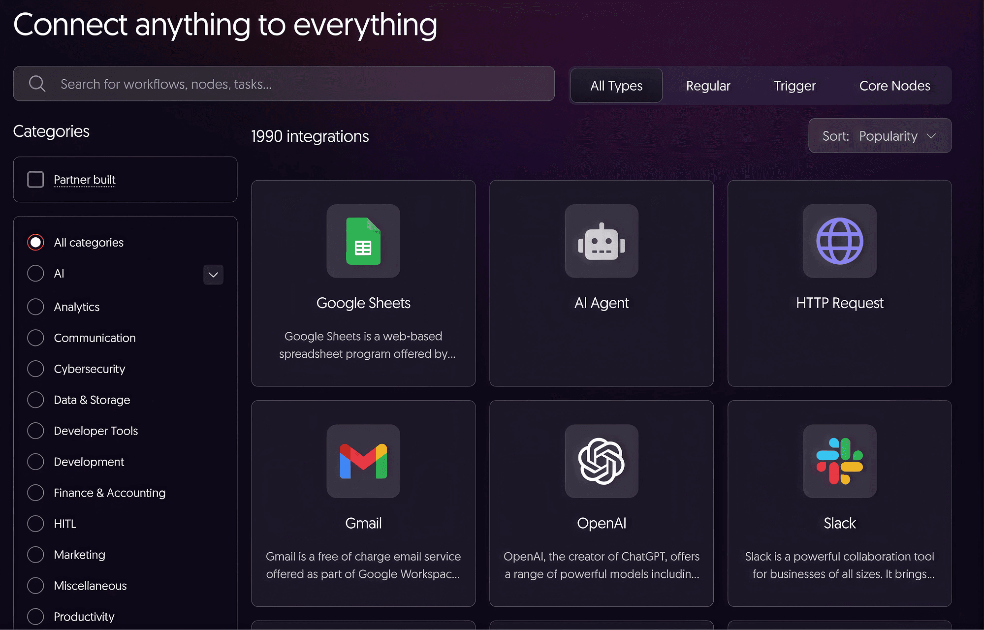 The integrations library in n8n which shows 1990 available integrations, including Google Sheets and Slack.