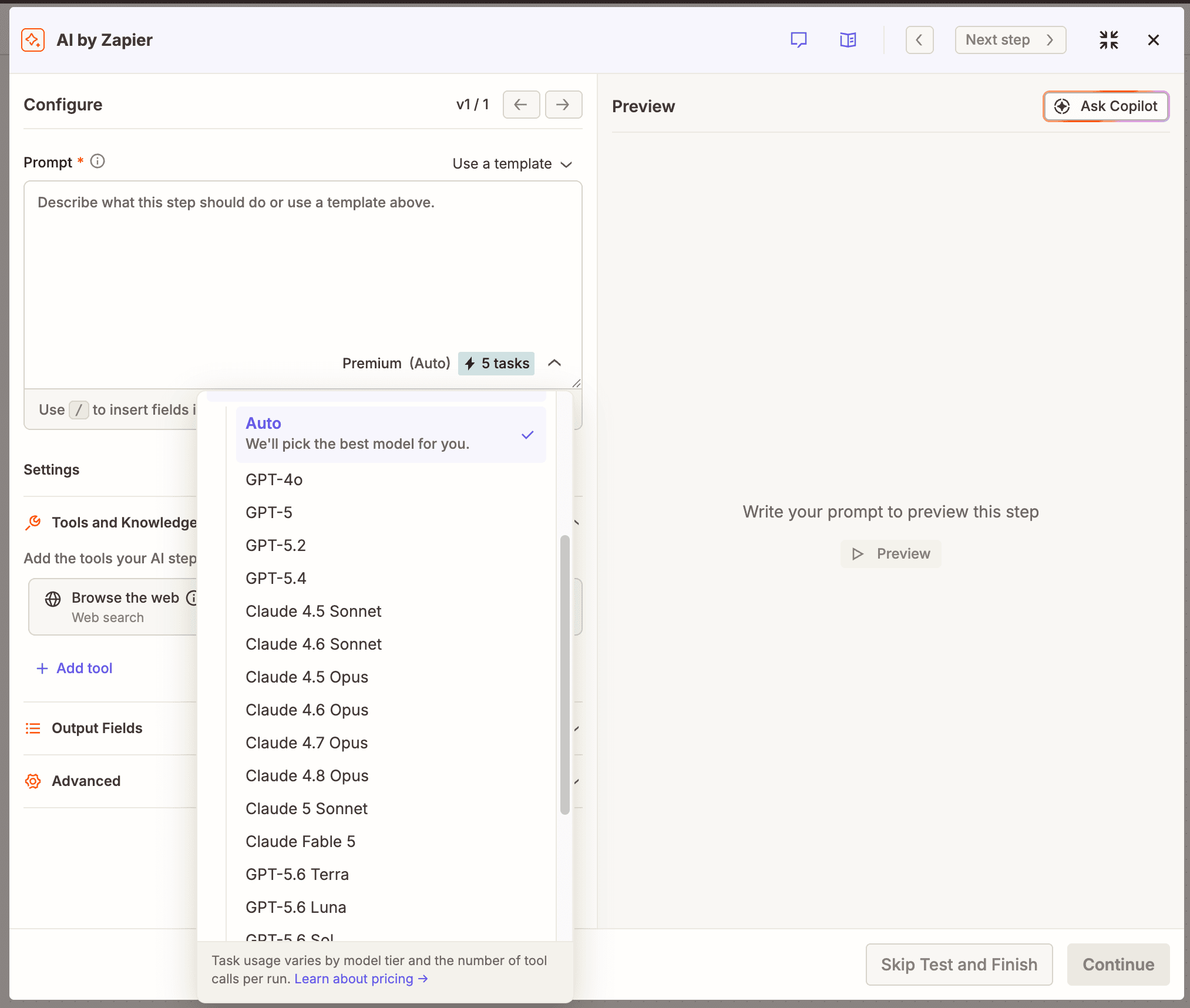 A dropdown in an AI by Zapier step in the Zap editor that shows a list of available AI models.