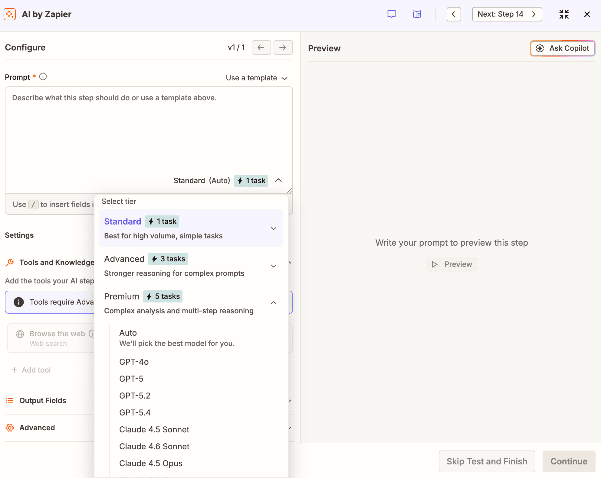 A dropdown in an AI by Zapier step in the Zap editor that shows available AI models.