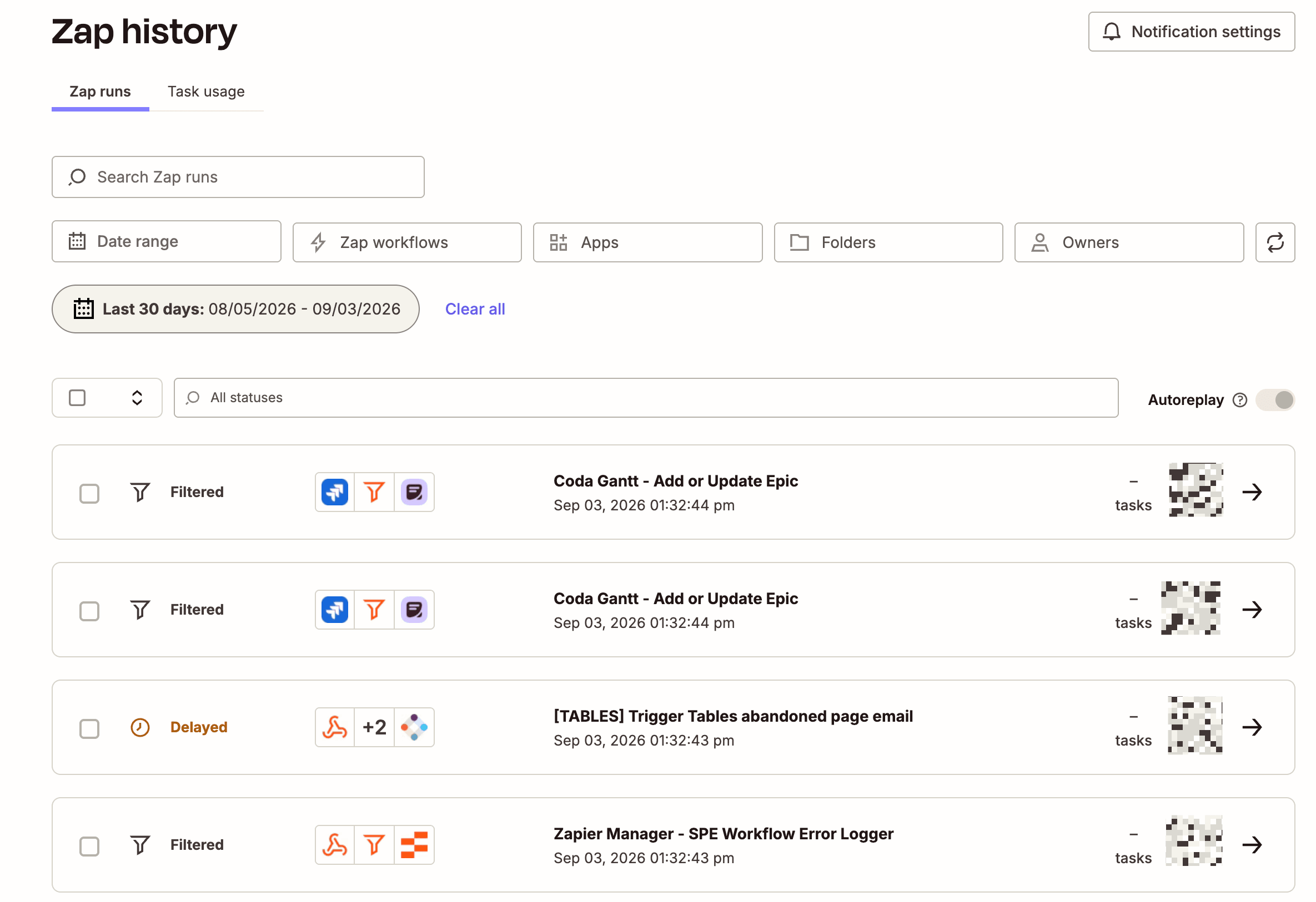 the Zap history page in a Zapier account with a list of recent Zap runs.