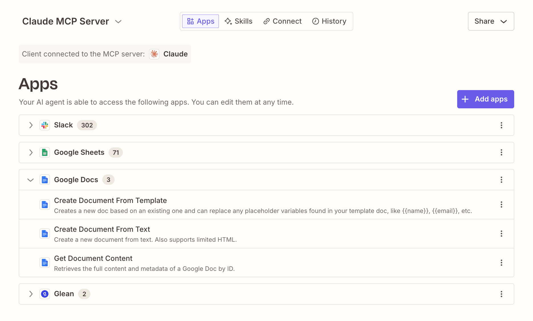 A list of connected apps in a Claude MCP server in Zapier.