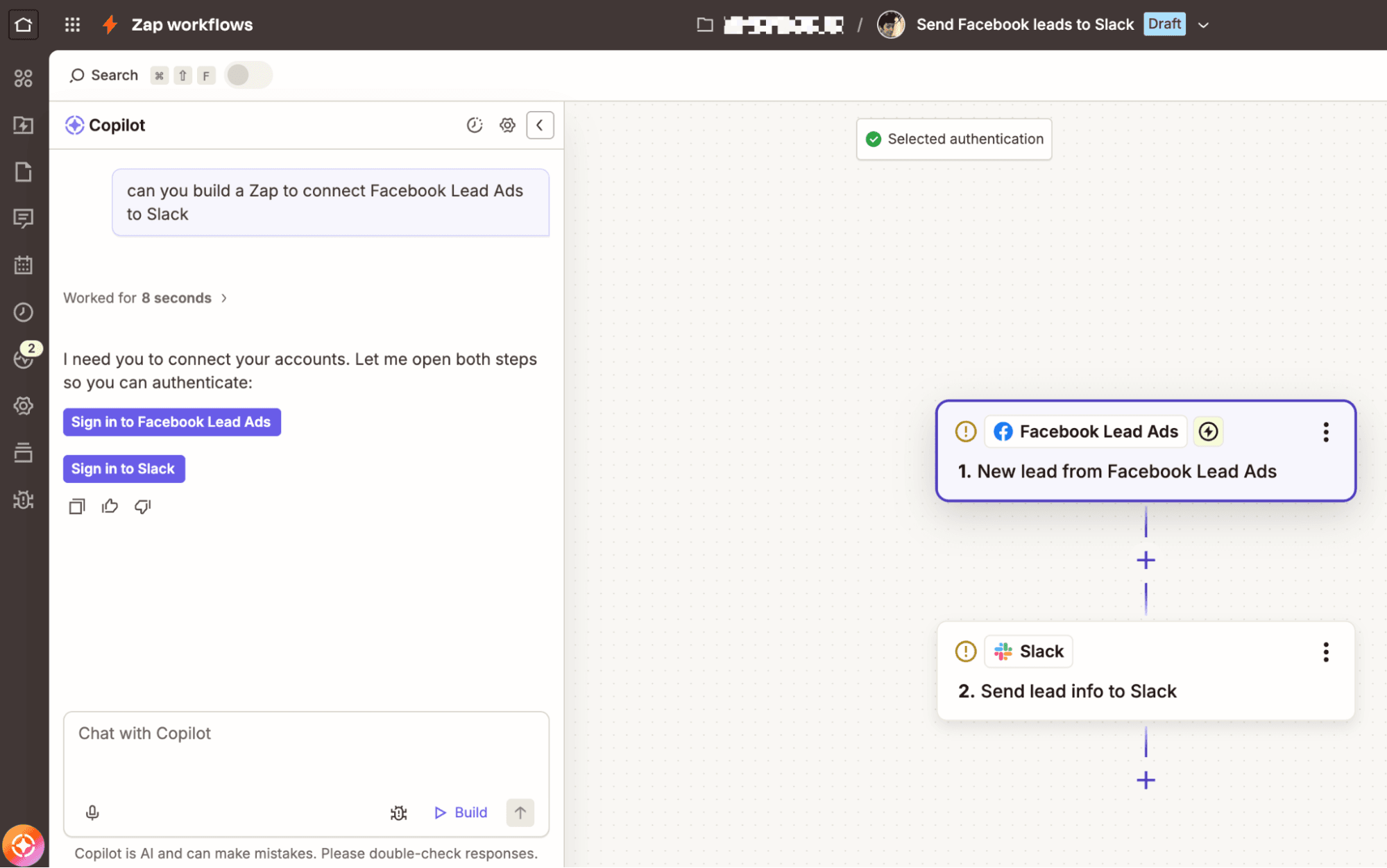 A Zap in the Zap editor with a Zapier Copilot window open on the left-hand side to help the user build their workflow.