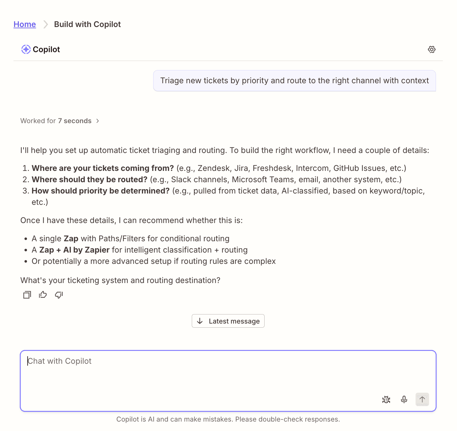 A Zapier Copilot window helping a user set up an automated workflow in Zapier.