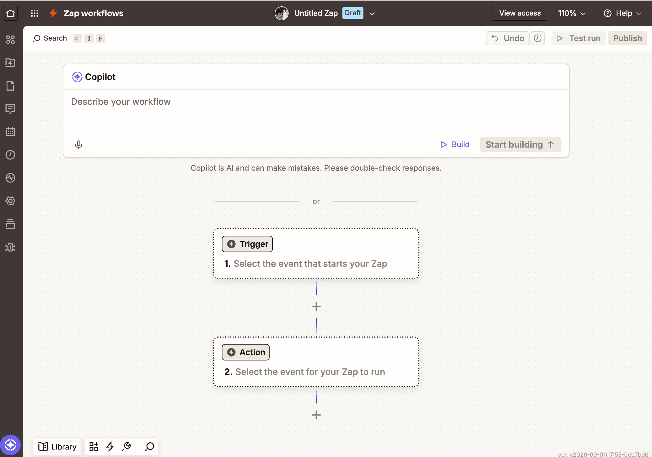 The Zap editor with a Zapier Copilot box above a two-step automated workflow.