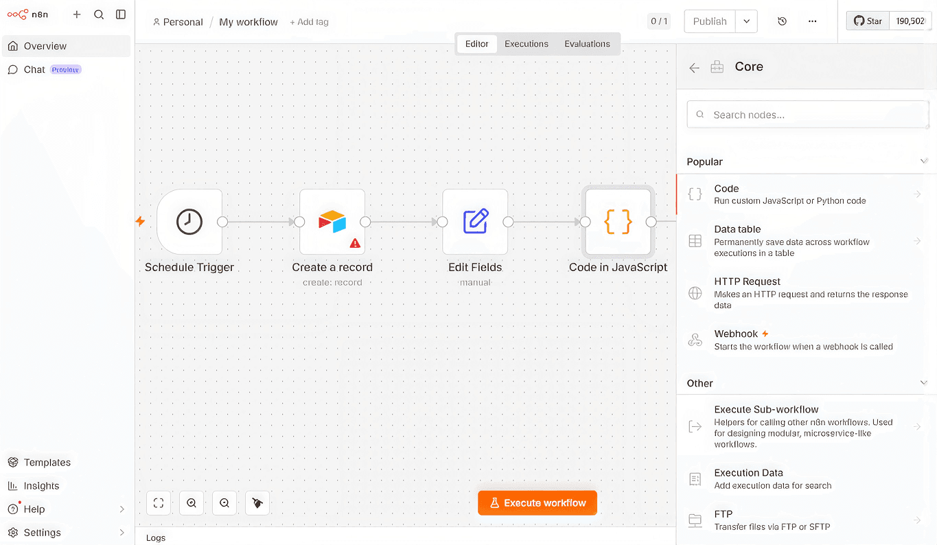 A multi-step workflow in the n8n editor.