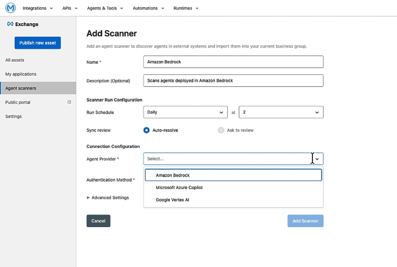 The window to add an agent scanner in MuleSoft.