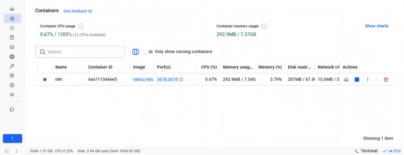 The Containers tab in an n8n account.